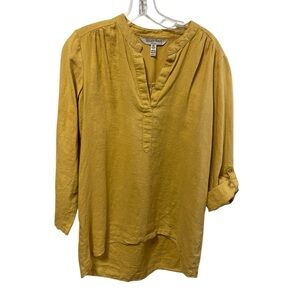 Mustard Yellow Linen Top Roll tab sleeves Ellen Tracy Linen Size M Lagenlook